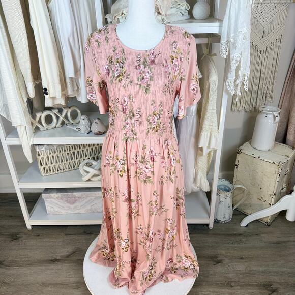 Serengeti women's sz. small pink smocked maxi dress, soft girl conservative 4083 - Picture 1 of 10